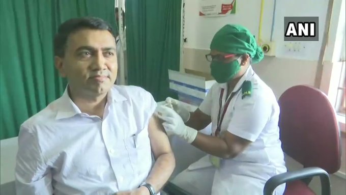 Goa Chief Minister Pramod Sawant today administered the first corona vaccine