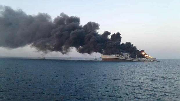 The Iranian navy's largest warship was engulfed in flames