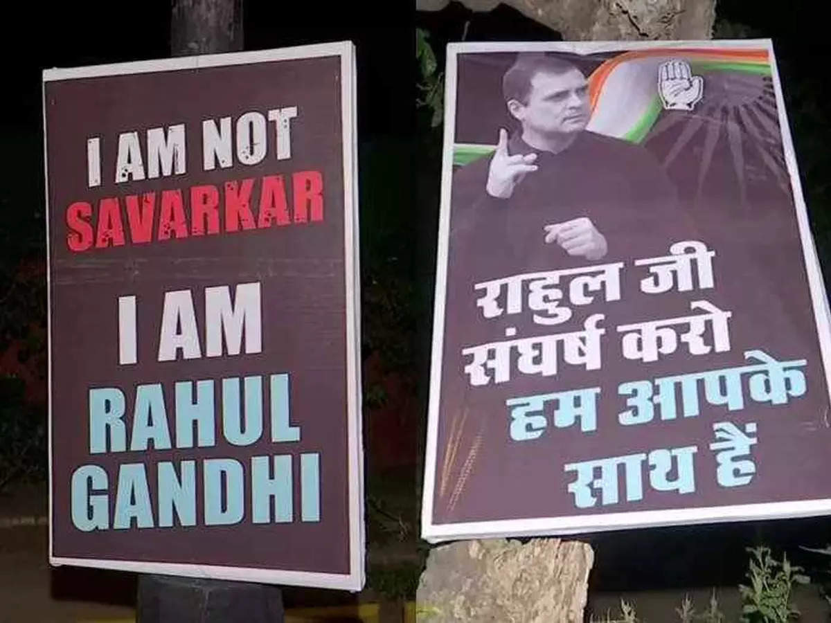 Congress demonstration in support of Rahul Gandhi; Posters of activists in front of the house