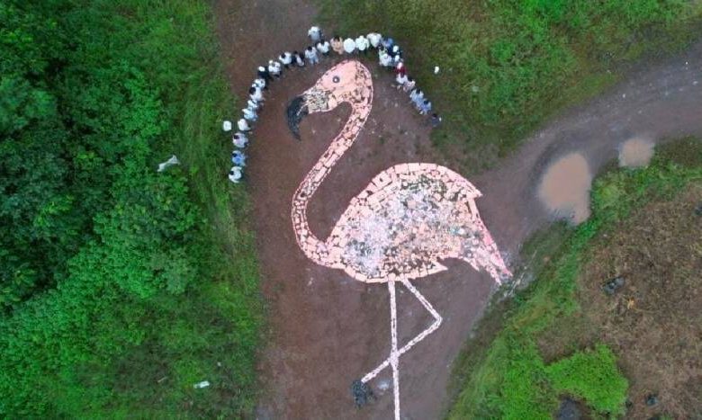 A replica of a flamingo made from garbage in Mumbai