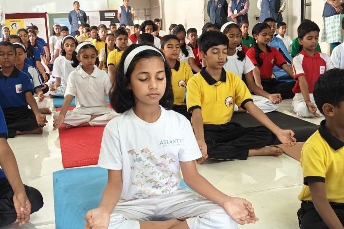 Gayatri, English, medium, school, international, yoga, day, with enthusiasm,